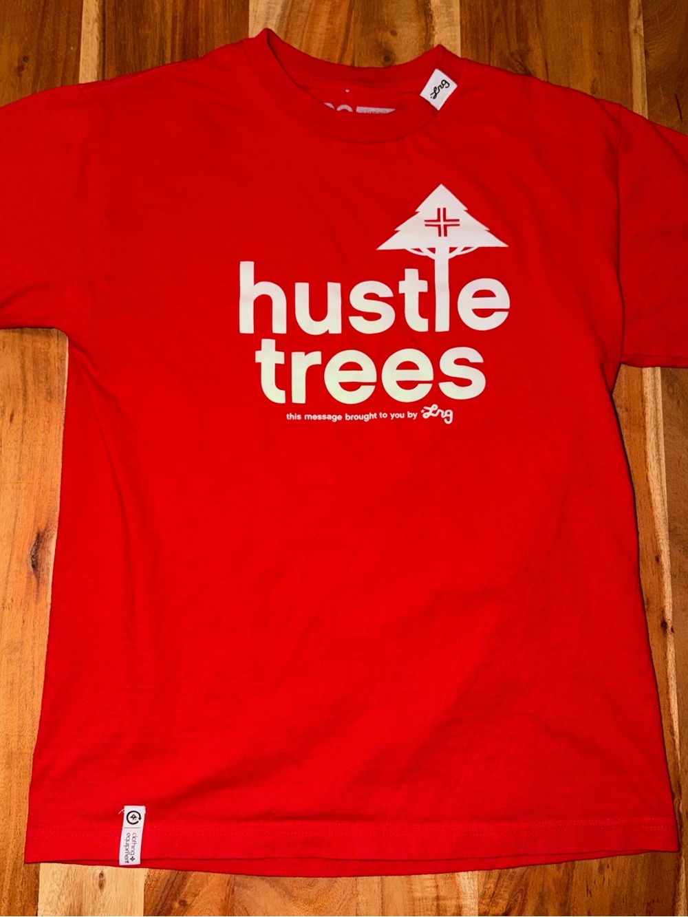 LRG Red Tee with White "hustle trees" Graphic #002